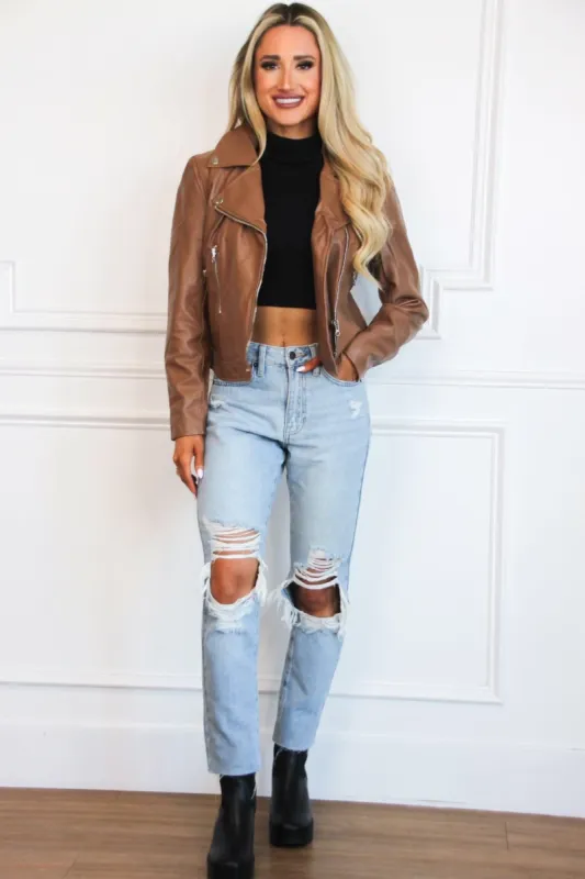Chelsea Faux Leather Moto Jacket: Brown sold by Bella and Bloom