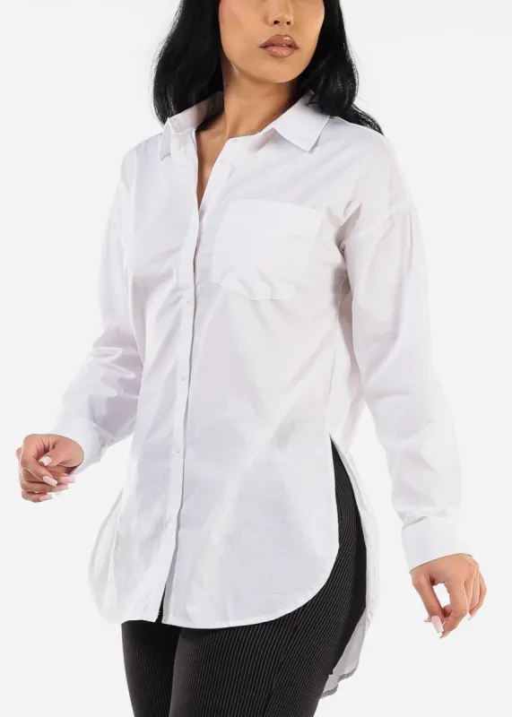 White Button Down Long Sleeve Tunic Shirt w Slits sold by Moda