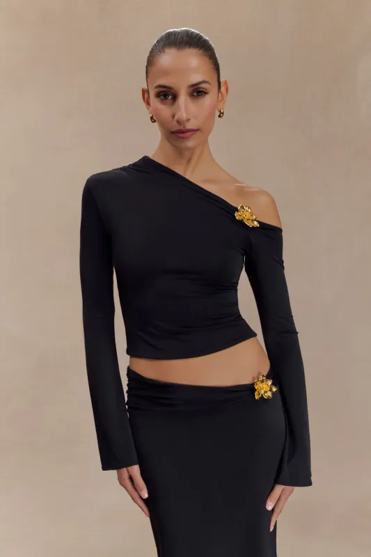 Ainsley Asymmetrical Long Sleeve Top With Floral Hardware - Black sold by Meshki