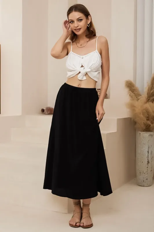 Karie Midi Skirt - High Elasticated Waist A-Line Linen Skirt in Black sold by Salty Crush
