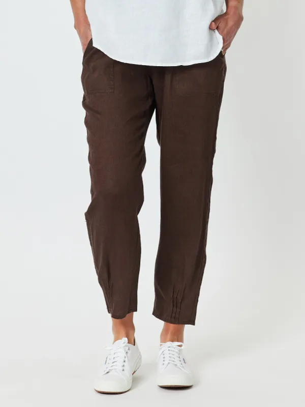 Sarah Linen Pleat Hem Pant - Chocolate sold by RC & Co