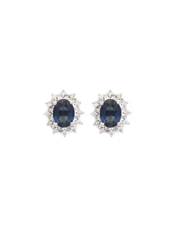 2.60ct Diamond Blue Sapphire 18K Gold Sunburst Halo Stud Earrings sold by Wish Fine Jewelry