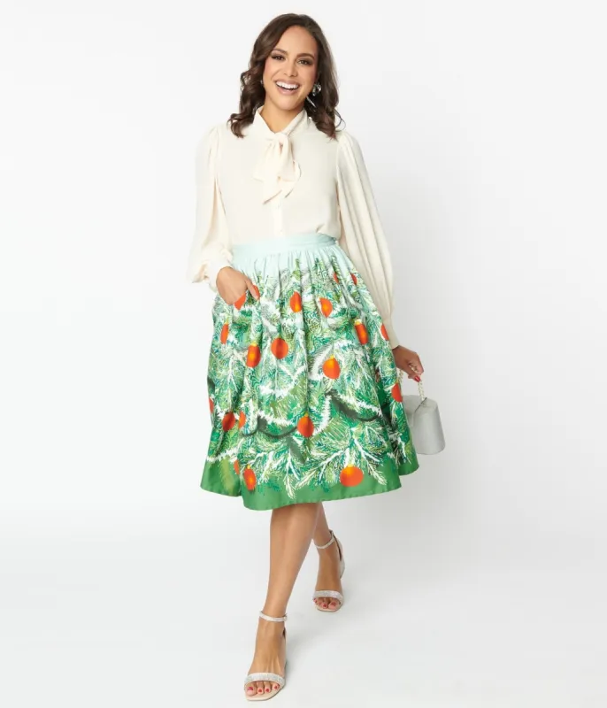 Unique Vintage Green Evergreen & Red Ornaments Swing Skirt sold by Unique Vintage