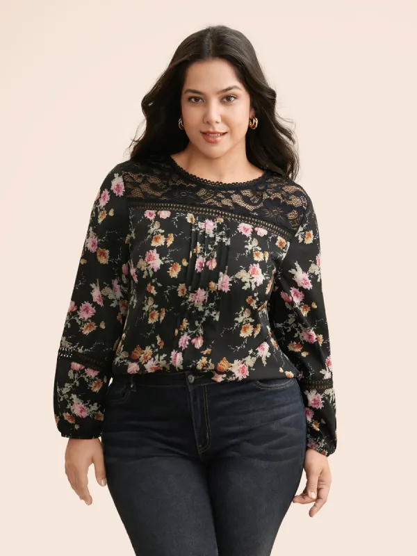 Floral Lace Panel Lantern Sleeve Blouse sold by Bloomchic