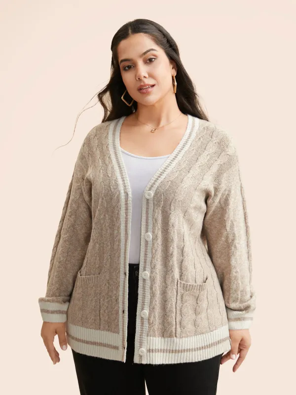 Contrast Trim Cable Knit Pocket Cardigan sold by Bloomchic
