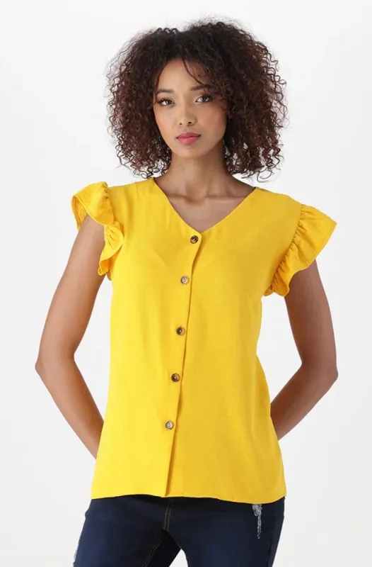 Nikki Linen Button Flutter Sleeve Top _ 151795 _ Ocre sold by Dunns