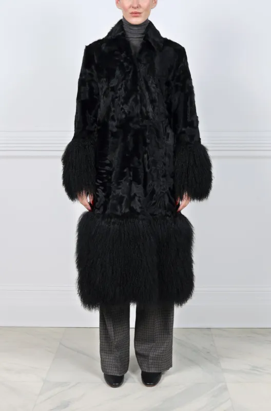Shearling Coat with Curly Lamb Peplum & Trim sold by Pologeorgis