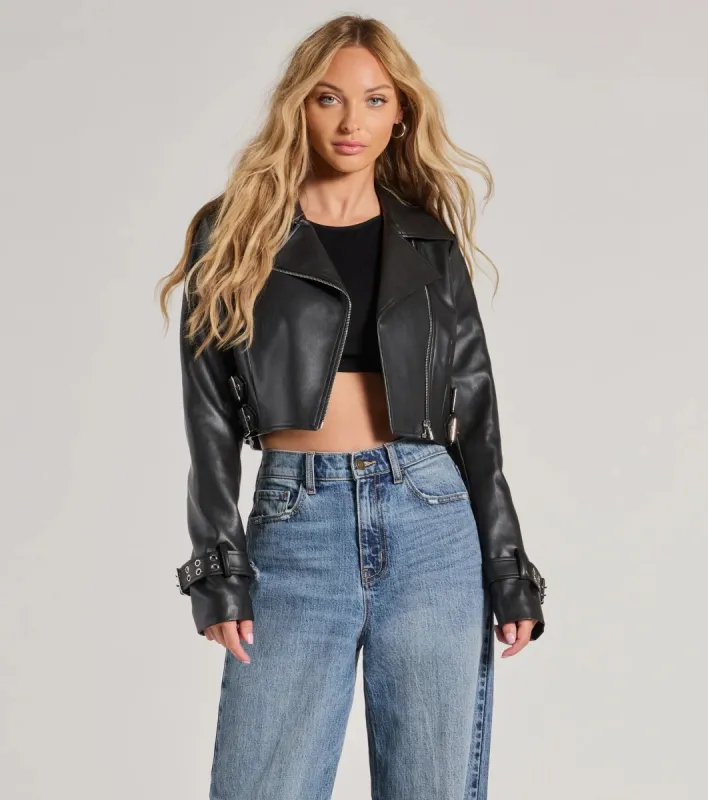 Untamed Chic Faux Leather Cropped Moto Jacket sold by Windsor