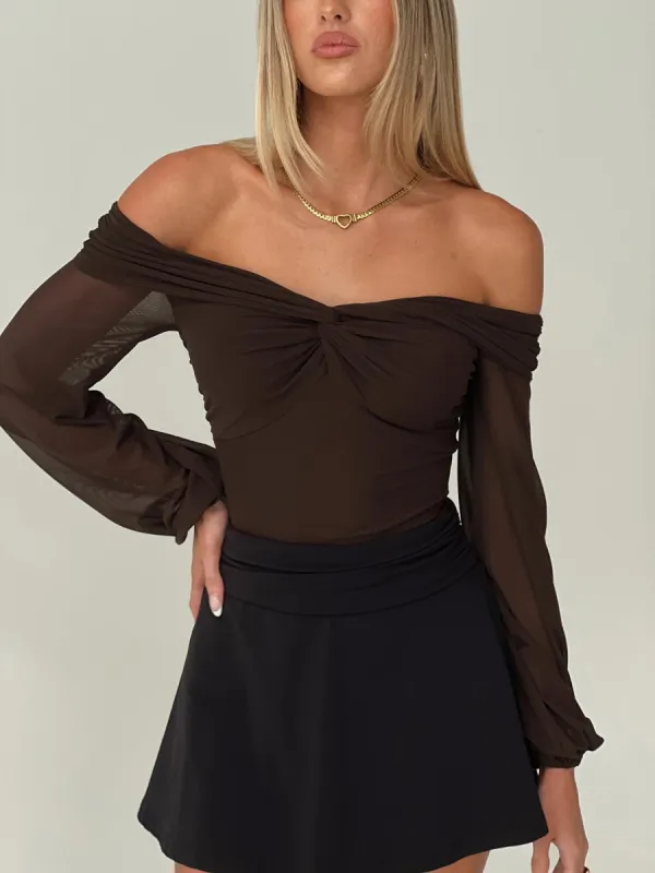 Babette Off The Shoulder Bodysuit Brown sold by Princess Polly