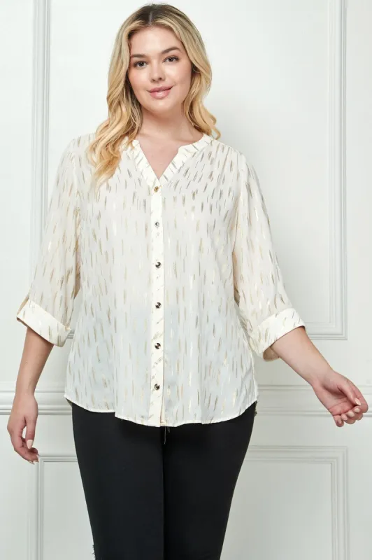 3/4 Length Button Tab Sleeve Mandarin Collar Button Front Top - Plus sold by Dress Barn