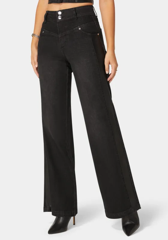 High Waist Vegan Leather Side Panel Wide Leg Jean sold by Bebe