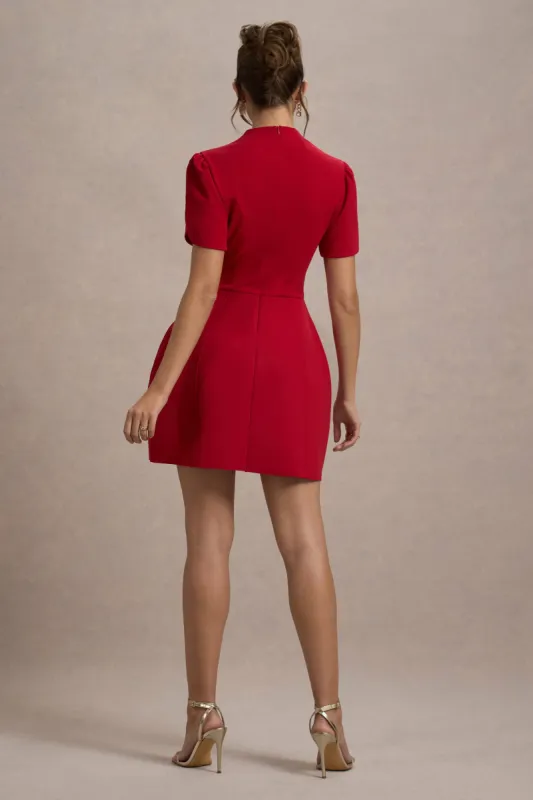 Carabella | Red High-Neck Short-Sleeve Mini Dress sold by Club L London