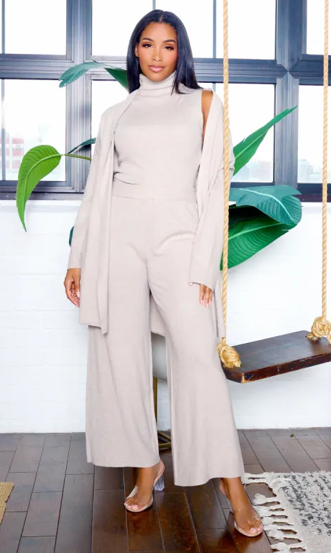 Tia | Turtleneck Top, Cardigan & Wide-Leg Pants Set -Khaki sold by Cutely Covered