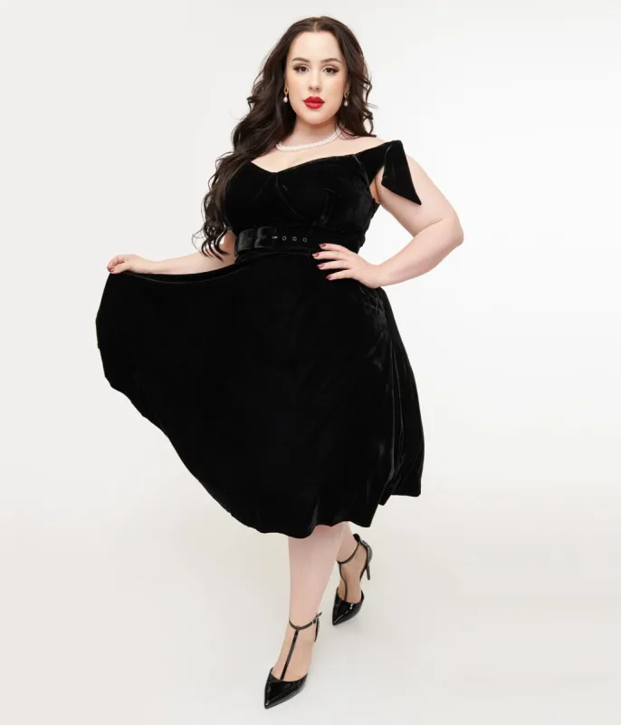 Unique Vintage Plus Size 1960s Black Velvet Prairie Swing Dress sold by Unique Vintage