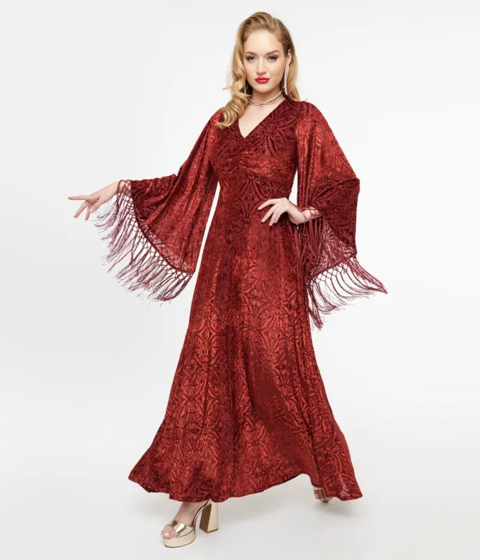 Smak Parlour 1970s Burgundy Velvet Burnout Fringe Sleeve Stevie Maxi Dress sold by Unique Vintage