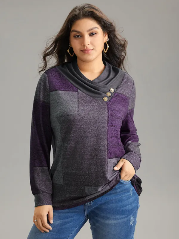 Asymmetrical Colorblock Button Detail Pleated T-shirt sold by Bloomchic