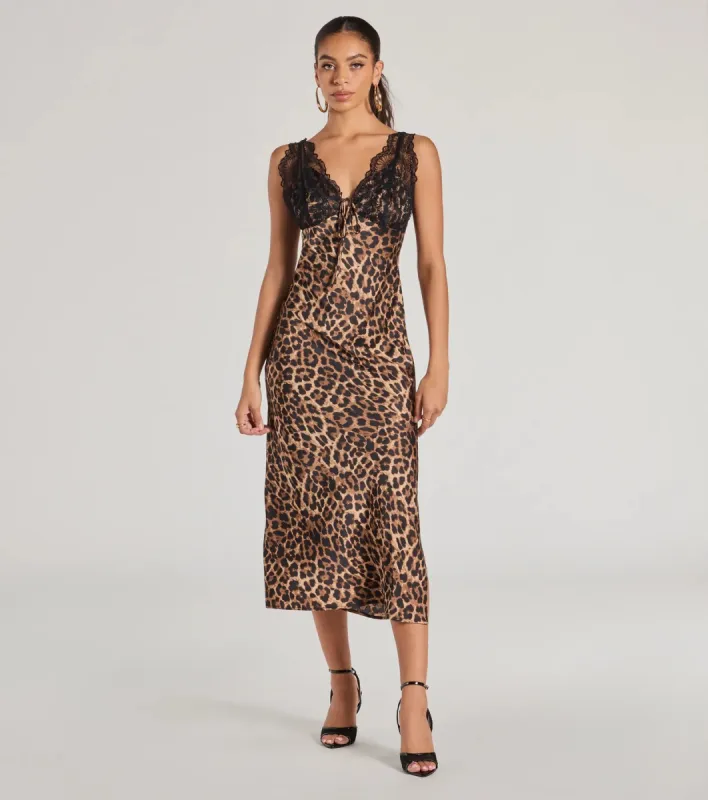 Sleek Leopard Print Lace And Satin Midi Dress sold by Windsor