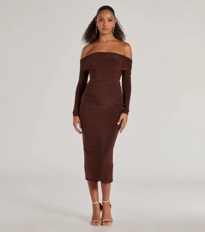 Casual Affair Long Sleeve Ruched Midi Dress sold by Windsor