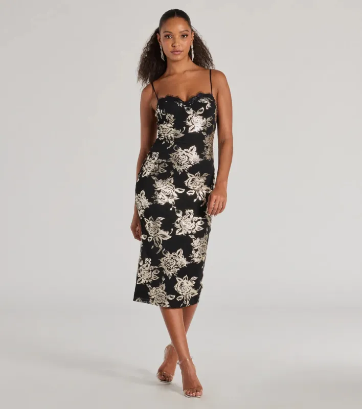 Elevated Vibe Foiled Floral Mesh Midi Dress sold by Windsor