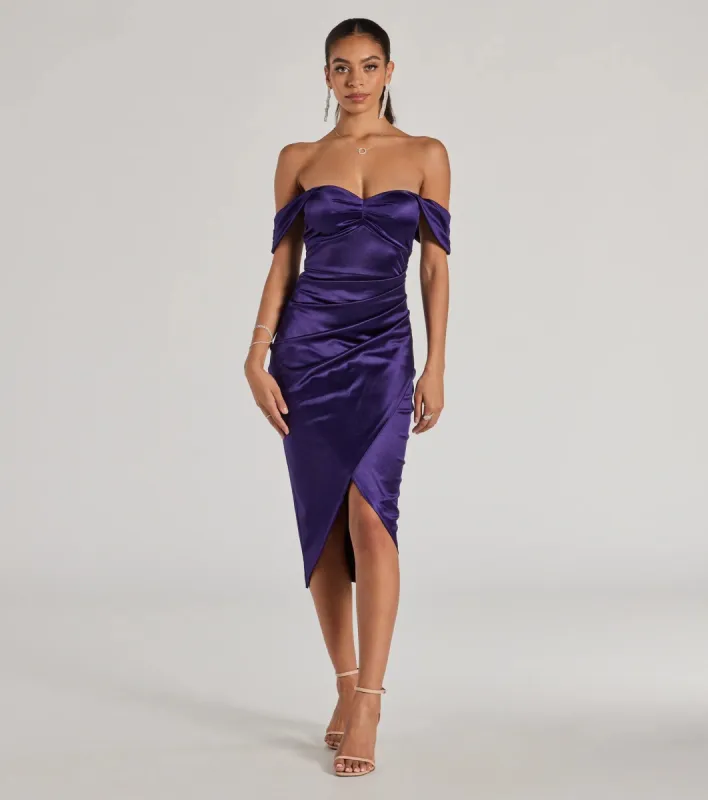 Gaia Satin Off-The-Shoulder Wrap Midi Dress sold by Windsor
