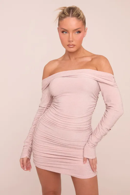 Pink Lurex Bardot Ruched Bodycon Mini Dress - Vivian sold by Rebellious Fashion