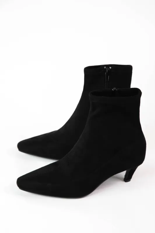 Lean Suede Kitten Heel Bootie, Black sold by North & Main Clothing Company