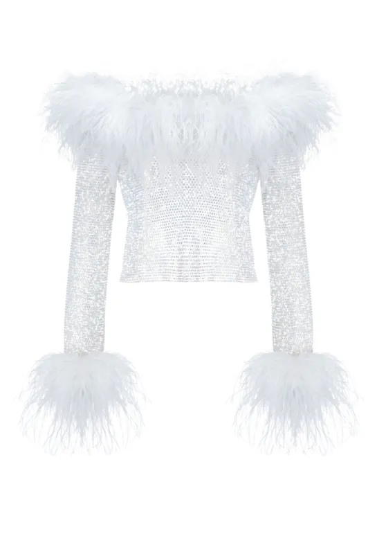 Sparkle Feathers Top w Open Shoulders sold by Santa Brand