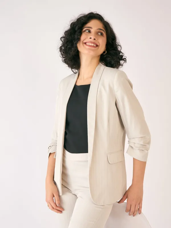 Spunky Striped Ruched Sleeve Blazer - Off White sold by Salt Attire