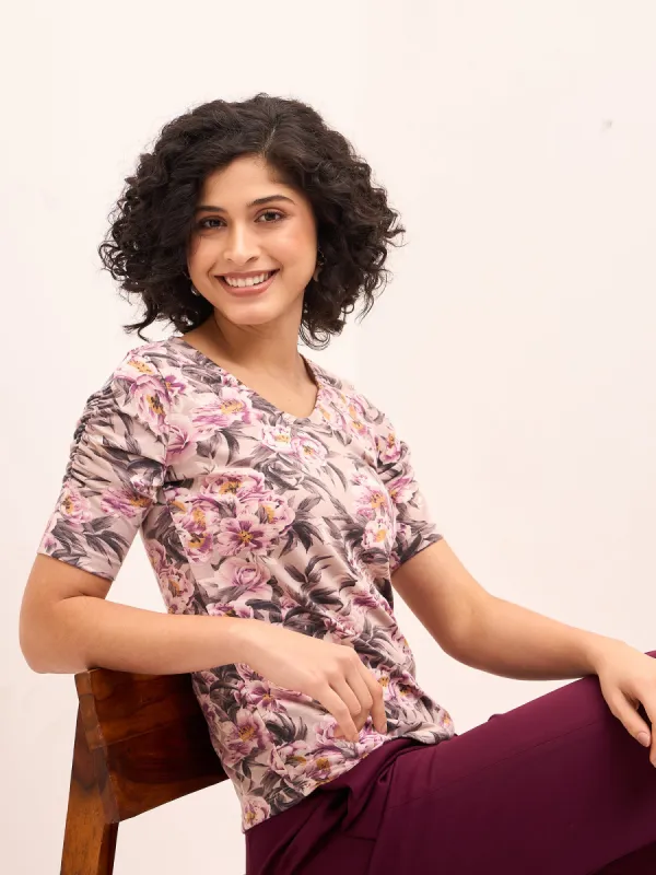 Leisure Floral Ruched Sleeves T-Shirt - Multicolor sold by Salt Attire