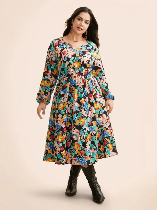 Colored Floral Notched Elastic Waist Midi Dress sold by Bloomchic