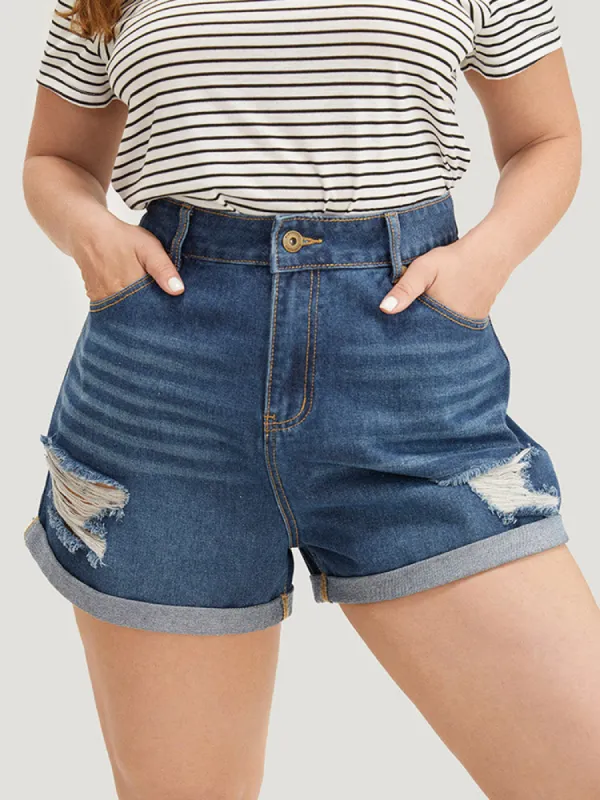 Moderately Stretchy Dark Wash Distressed Roll Hem Denim Shorts sold by Bloomchic