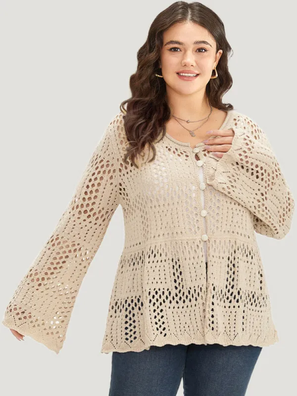 Plain Hollow Out Button Through Bell Sleeve Cardigan sold by Bloomchic