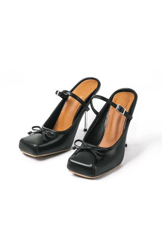 Faux Leather Bow Square Toe Mid Heel Shoes sold by Micas