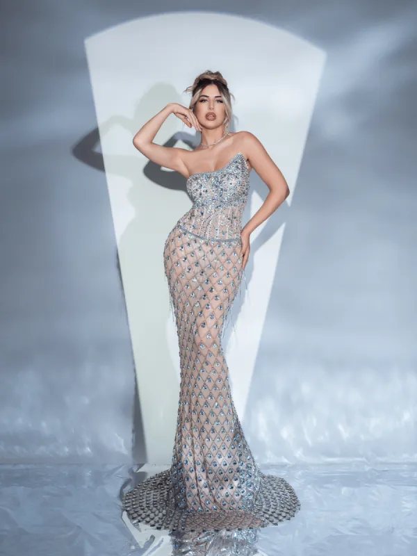 Sean Strapless Rhinestone Mesh Maxi Dress sold by Mew Mews