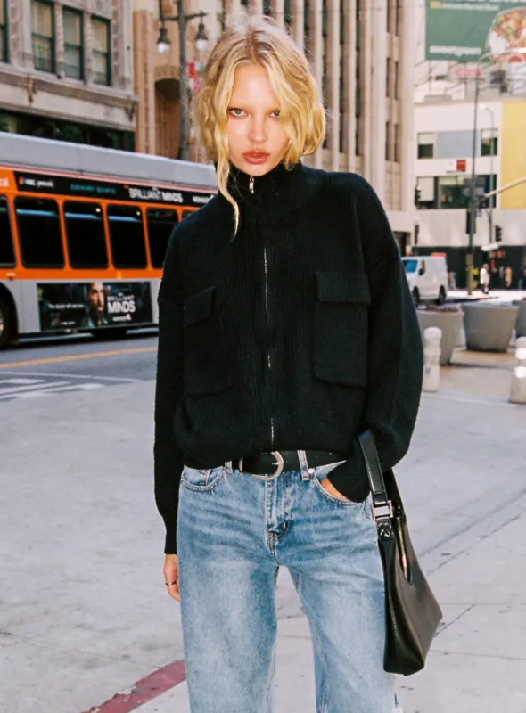 Too Busy Zip Up Sweater Black sold by Princess Polly