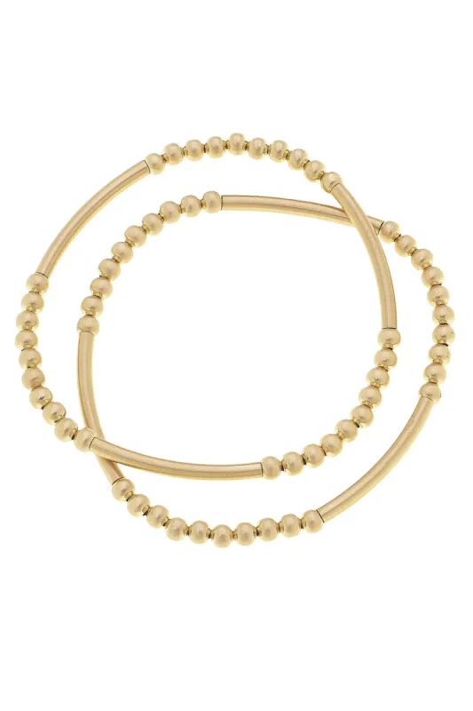 Marlena Satin Metal Beaded Stretch Bracelets (Set of 2) in Satin Gold sold by Canvas Style