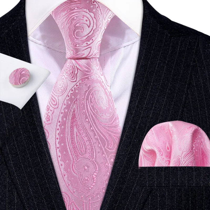 Pink Paisley Silk Tie Handkerchief Cufflinks Set sold by Barrywang