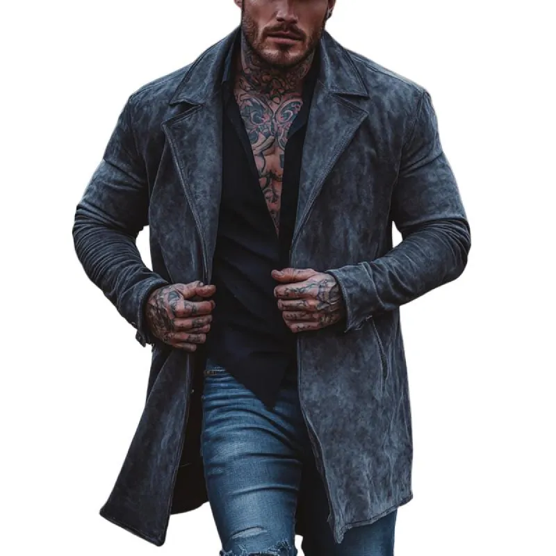 Men's Solid Color Suede Lapel Mid-Length Windbreaker Trench Coat 72782796Y sold by Manly