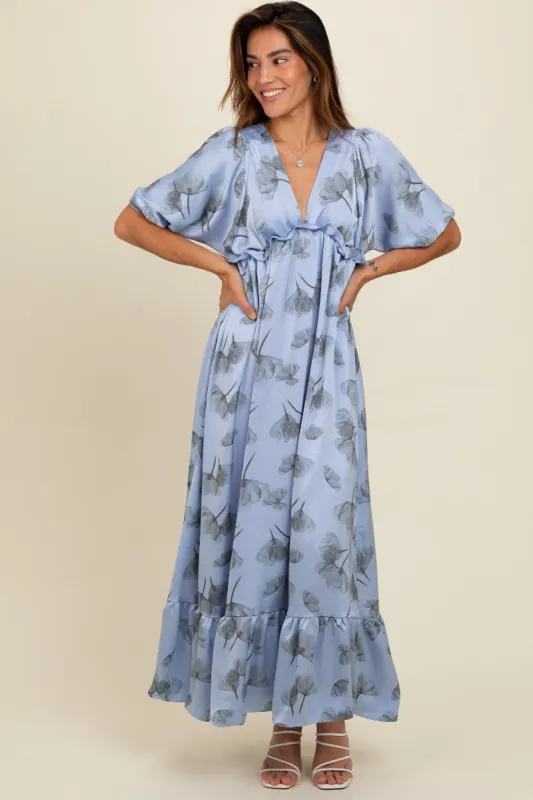 Blue Floral Chiffon Ruffle Accent Maxi Dress sold by Pinkblush