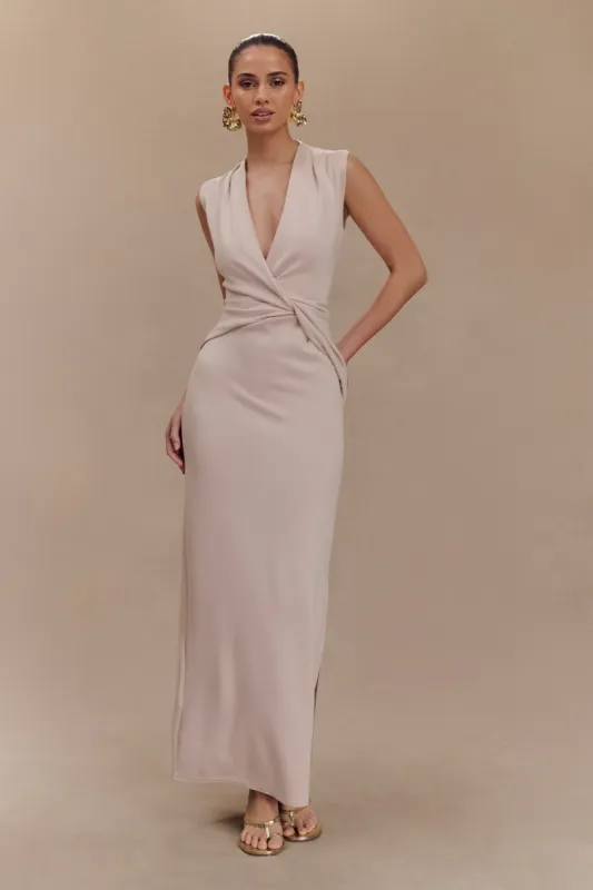 Lorelei Crepe Twist Midi Dress - Taupe sold by Meshki