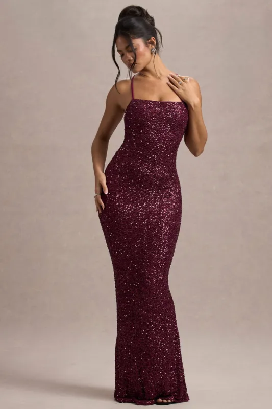 Cosmic | Berry Sequin Square-Neck Strappy Maxi Dress sold by Club L London