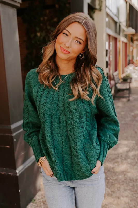 Cabin Parkway Cable Knit Sweater in Hunter Green sold by Impressions