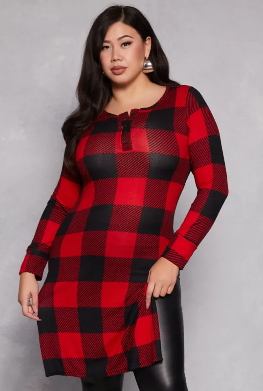 Plus Size Buffalo Plaid Henley Tunic Top sold by Rainbow