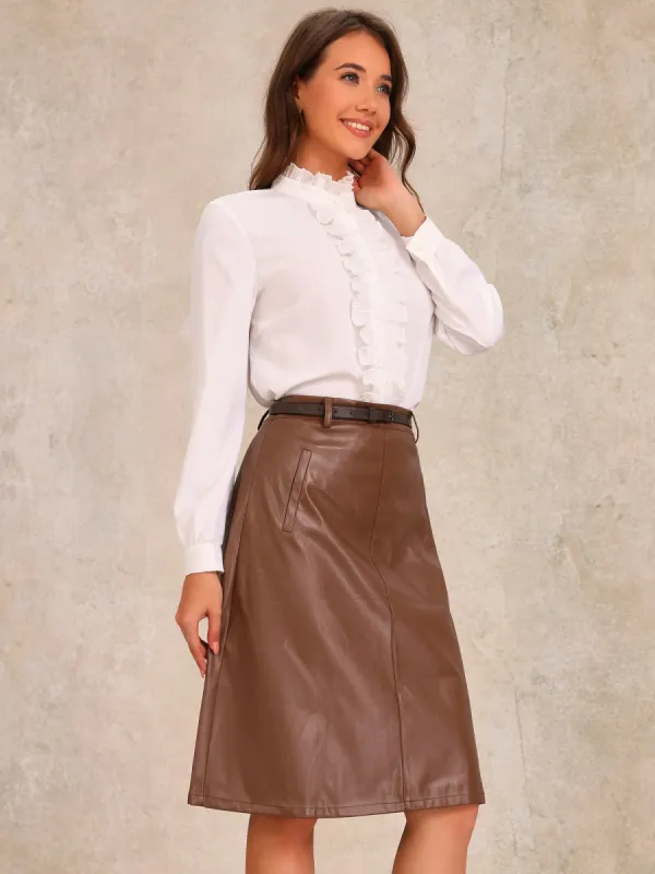 Faux Leather Belted A-Line High Waist Midi Skirt sold by Allegra K