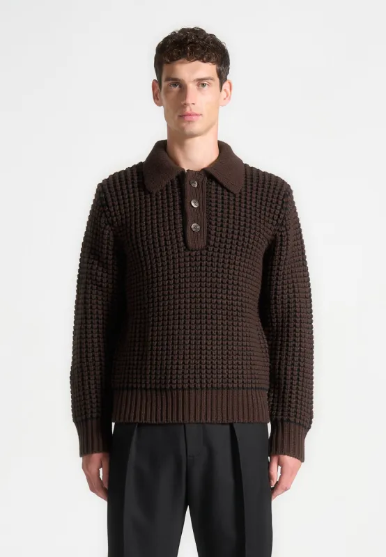 Textured Wool Knit Polo Jumper - Brown sold by Maniere De Voir