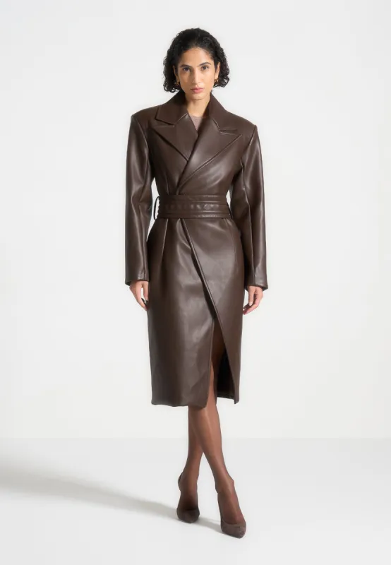 Leather Asymmetric Belted Coat - Brown sold by Maniere De Voir