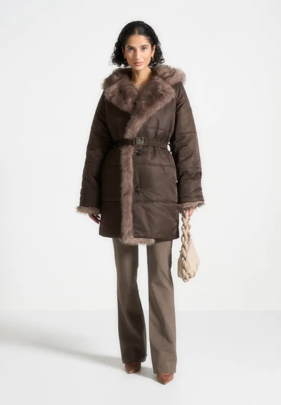 Fur Longline Belted Coat - Brown sold by Maniere De Voir