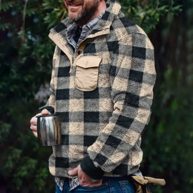 Plaid Colorblock Warm Pocket Men's Pullover Jacket sold by Polyalien