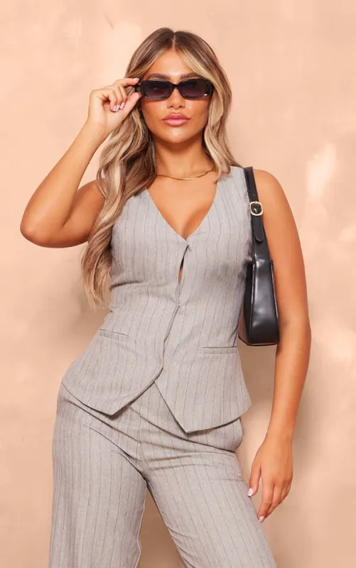 Grey Striped Tailored Woven V Neck Waistcoat sold by Pretty Little Thing