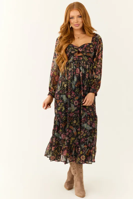 Black Floral Print Front Twist Maxi Dress sold by Lime Lush